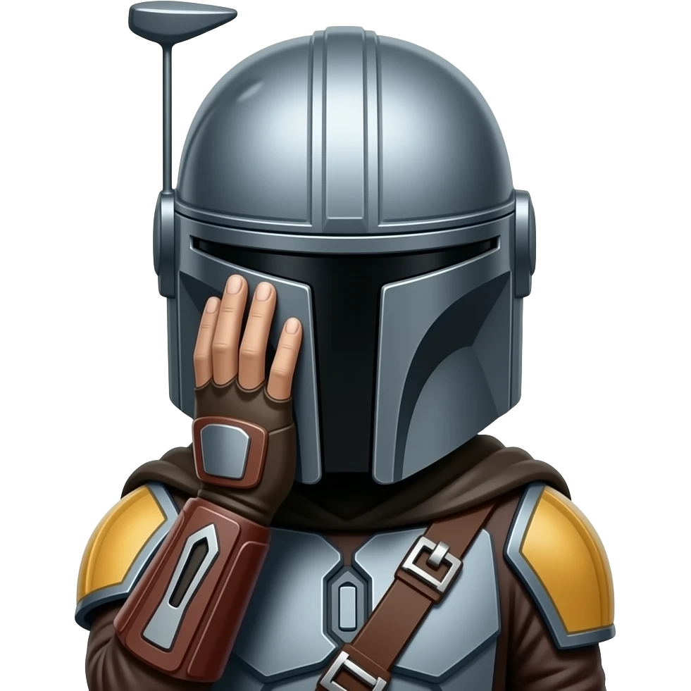 mandolorian palm to face, bowing. head,  Putting Palm to face in grief or stress, covers face with Palm emoji