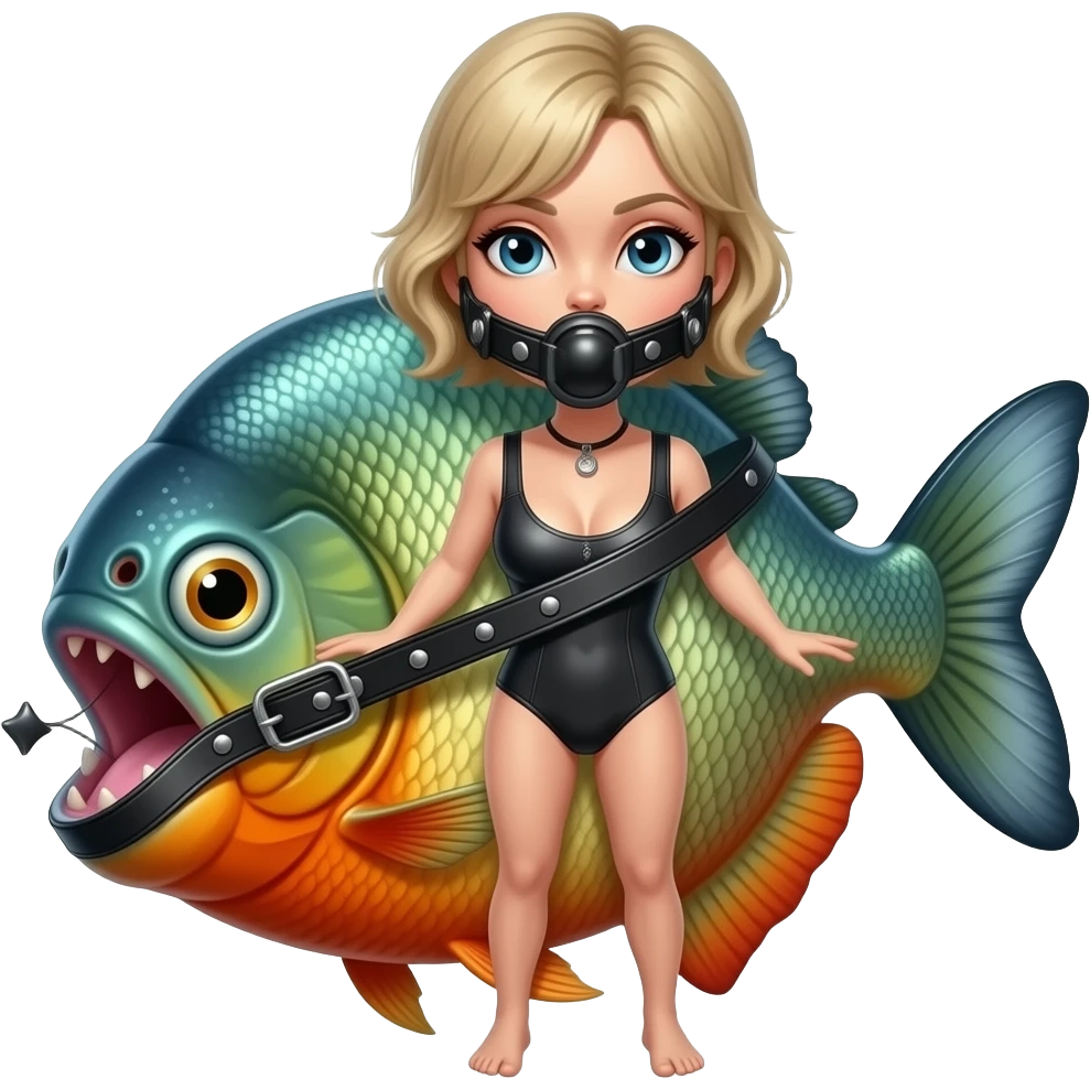 Female Teal and orange Piranha wearing black leatherand a gag inside his mouth emoji