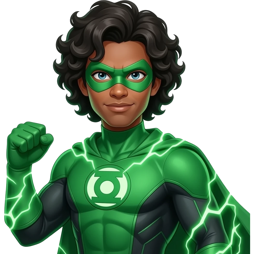A brown guy with shoulder length curly black hair as a superhero with a green costume about green electricity and has a cool mask without covering his hair and mouth emoji