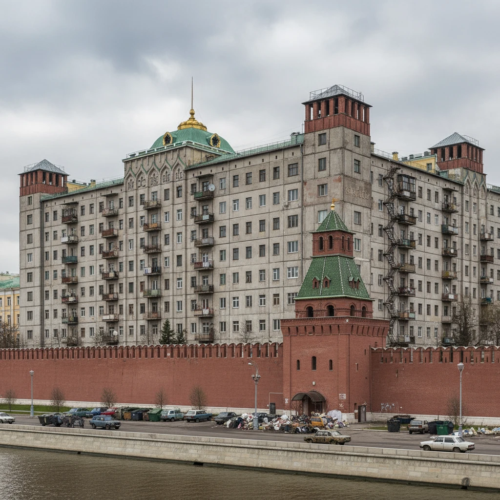 Московский Кремль, но как будто его скрестили с панельками Хрущева.

В стиле фотореализма emoji