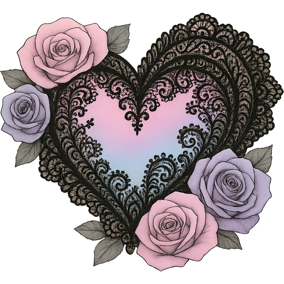 Remove the background, keep the pastel goth heart with pastel roses and black lace, transparent background. emoji