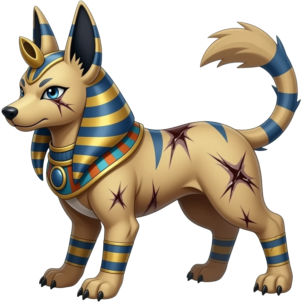 Scarred marked patterned randomly Anubis-Umbreon-Salandit-Luxray-Fakémon-fusion-animal-creature, full body emoji