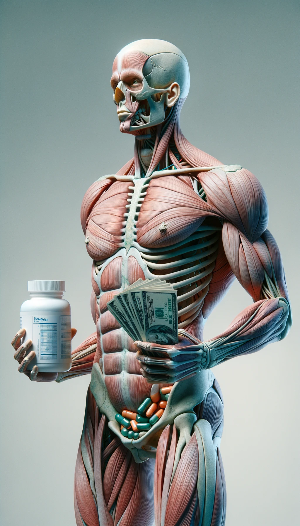 corpo umano anatomico che tiene nella mano destra una boccetta di integratore e nella mano sinistra delle banconote, sfondo neutro chiaro emoji