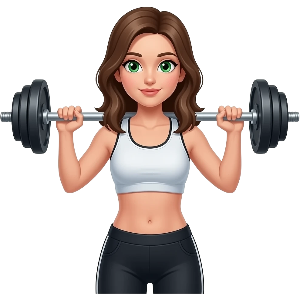 Can you make a young woman standing with barbell weights, where she is holding the barbell on her shoulders? Where she has green eyes and medium long brown hair emoji