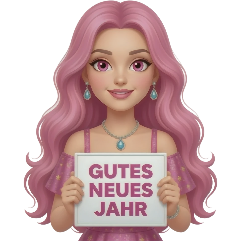 sexy girl with long pink hair and pink eyes wearing a new years dress holding a GUTES NEUES JAHR sign emoji
