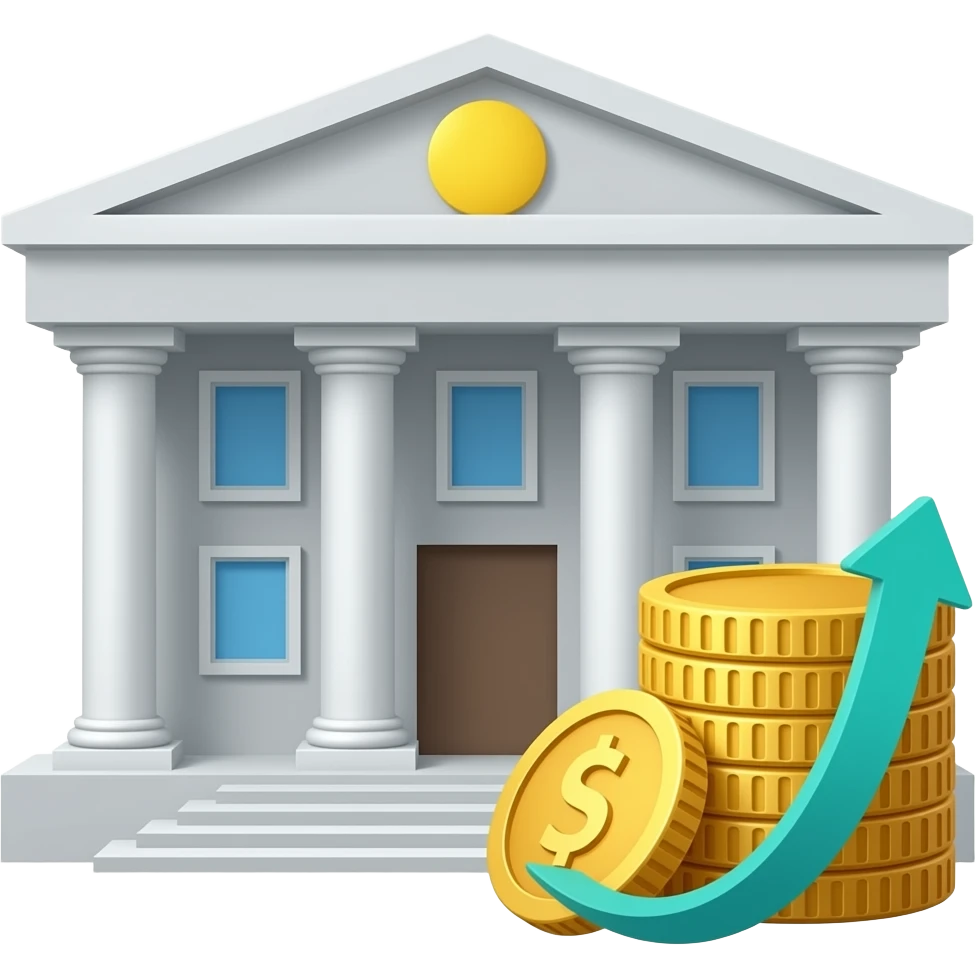 Create an emoji that shows a government building with a stack of coins and an upward arrow. emoji