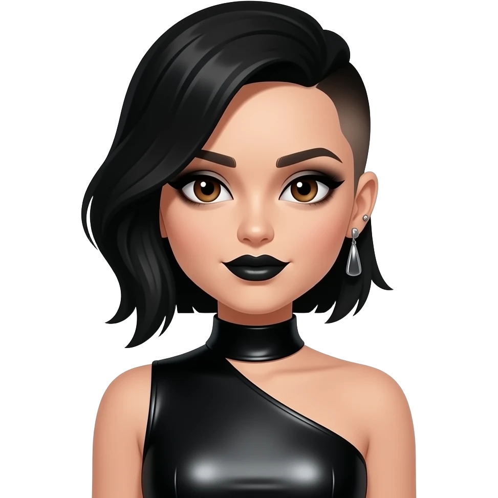 Kaylen from Glamour with dark brown eyes, black hair, one side long, one buz cut, black eyeshadow, black lipstick, black metallic high neck dress, earrings emoji