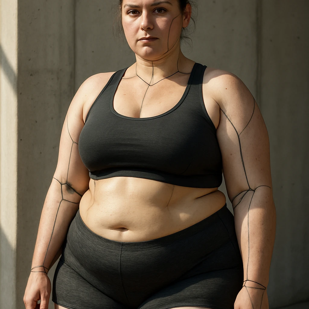 hyper realistic 4K gynoid woman in sportswear, fat on legs and thighs, skin details, natural light emoji