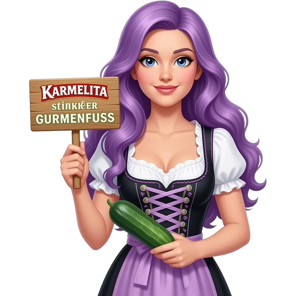 sexy girl with long purple hair wearing a dirndl holding a KARMELITA PRINZESSIN stinkender GURKENFUSS sign emoji