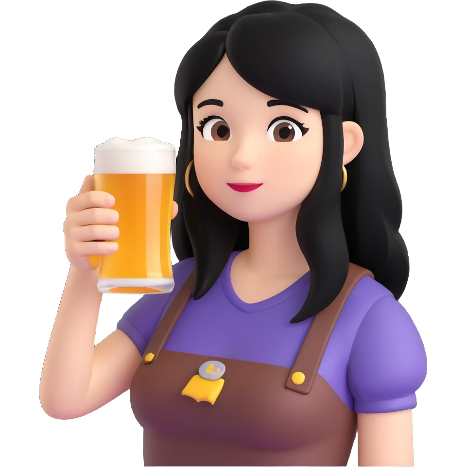 black haired girl drinking beer, 3d emoji style emoji