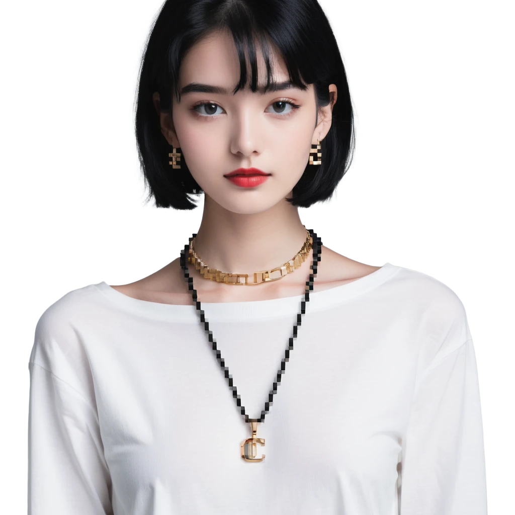 college girl with black hair, white skin, wearing a Cartier necklace, old money luxury vibe emoji