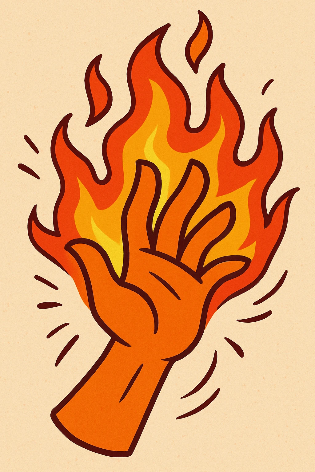 fiery fingers waving, stylized, vibrant flames, expressive hand, dynamic motion, no text emoji