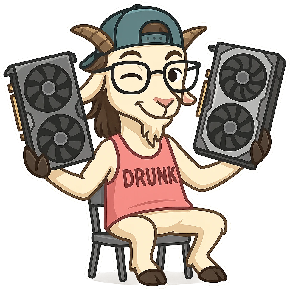 goat for Telegram stickers inspired by reference https://attic.sh/feoducyurkpqwz0la088soao98sx: wearing a cap, glasses, mullet hairstyle, pink drunkard tank top, sitting on a chair, holding a large video card in each hand at shoulder level, winking, pose like in the photo, clean lines, soft gradients. transparent background emoji