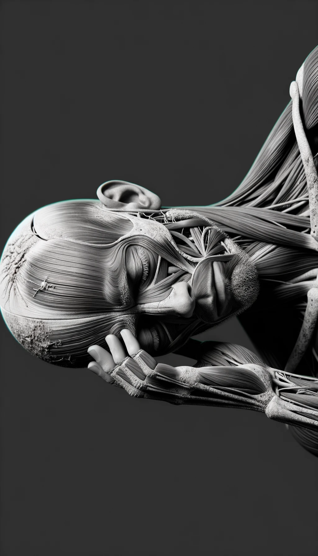 CORPO UMANO ANATOMICO STANCO CON MANO SULLA FRONTE, IPERREALISTICO 4K emoji
