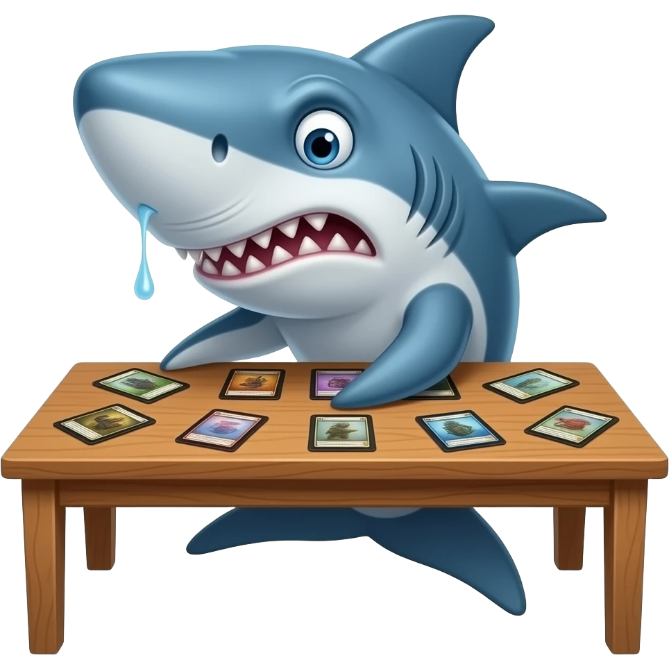 a disappointed shark flipping a table of Magic the Gathering cards emoji