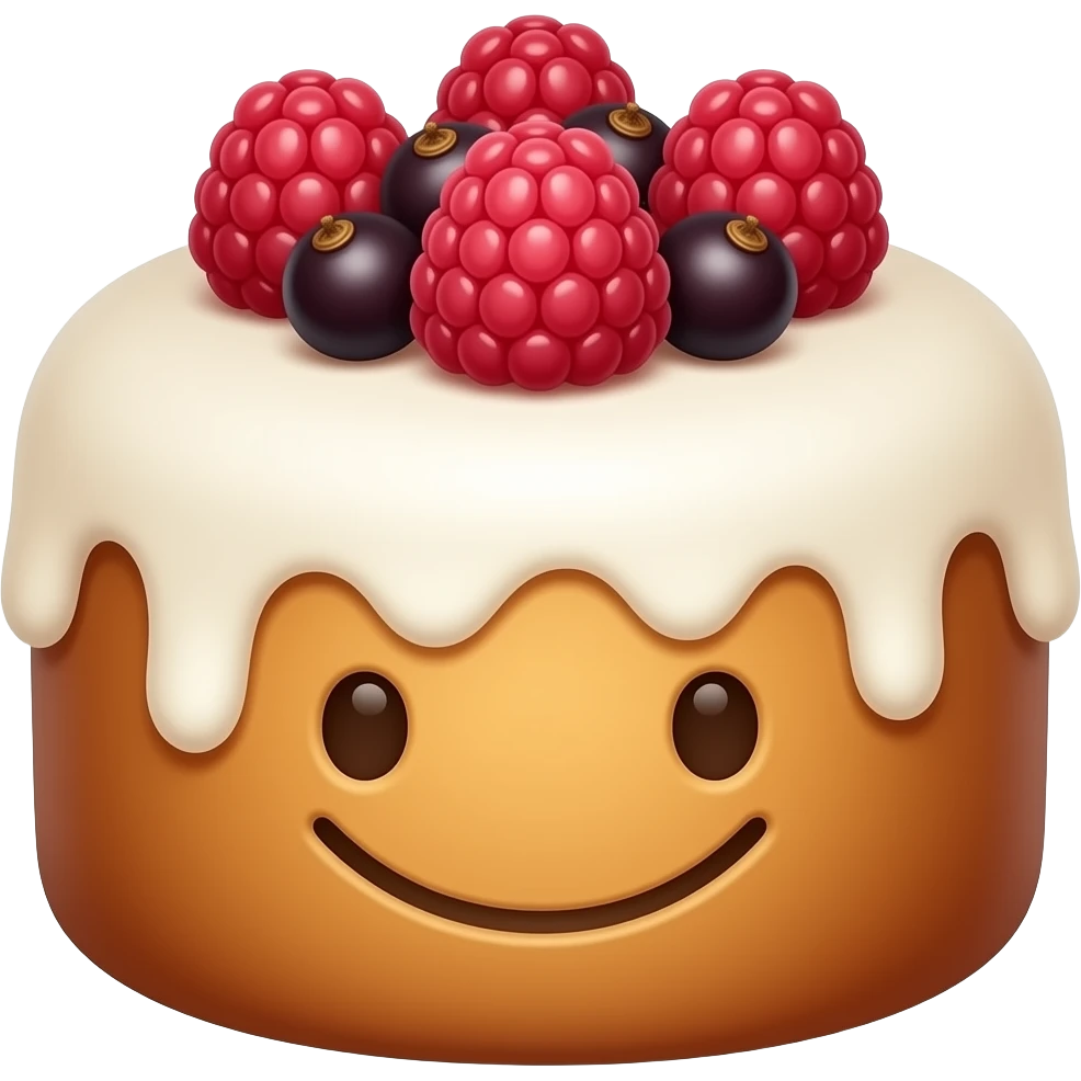 Улыбыющийся панеттоне с белой глазурью и украшением сверху из малины, смородины, emoji
