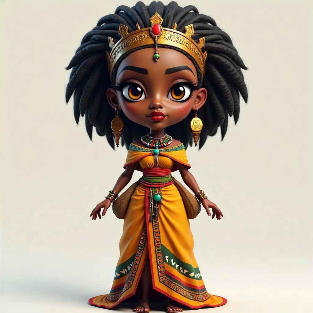 Create me a Stylized 3D Character Art of an beautiful Ethiopian Queen wearing traditional modern Ethiopian Habesha dress for a Strategy Game. Make it have a balance of realism and caricature. Make the image a portrait size  emoji