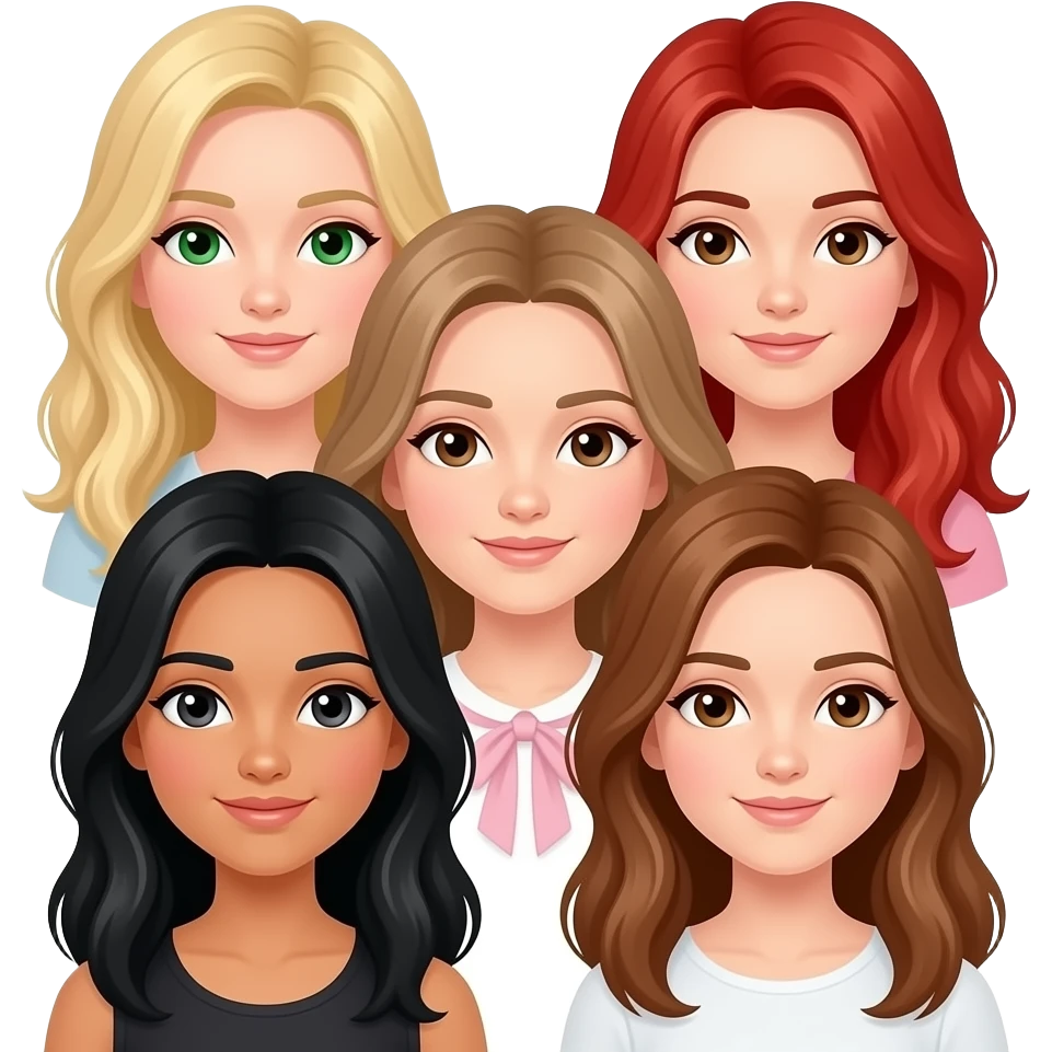 5 amigas-1 rubia ojos verdes-1 rubia ojos cafes-1 peliroja ojos cafes y morena claro-1 pelinegra ojos cafes piel clara -1 peli castaña clara ojos cafes claros emoji