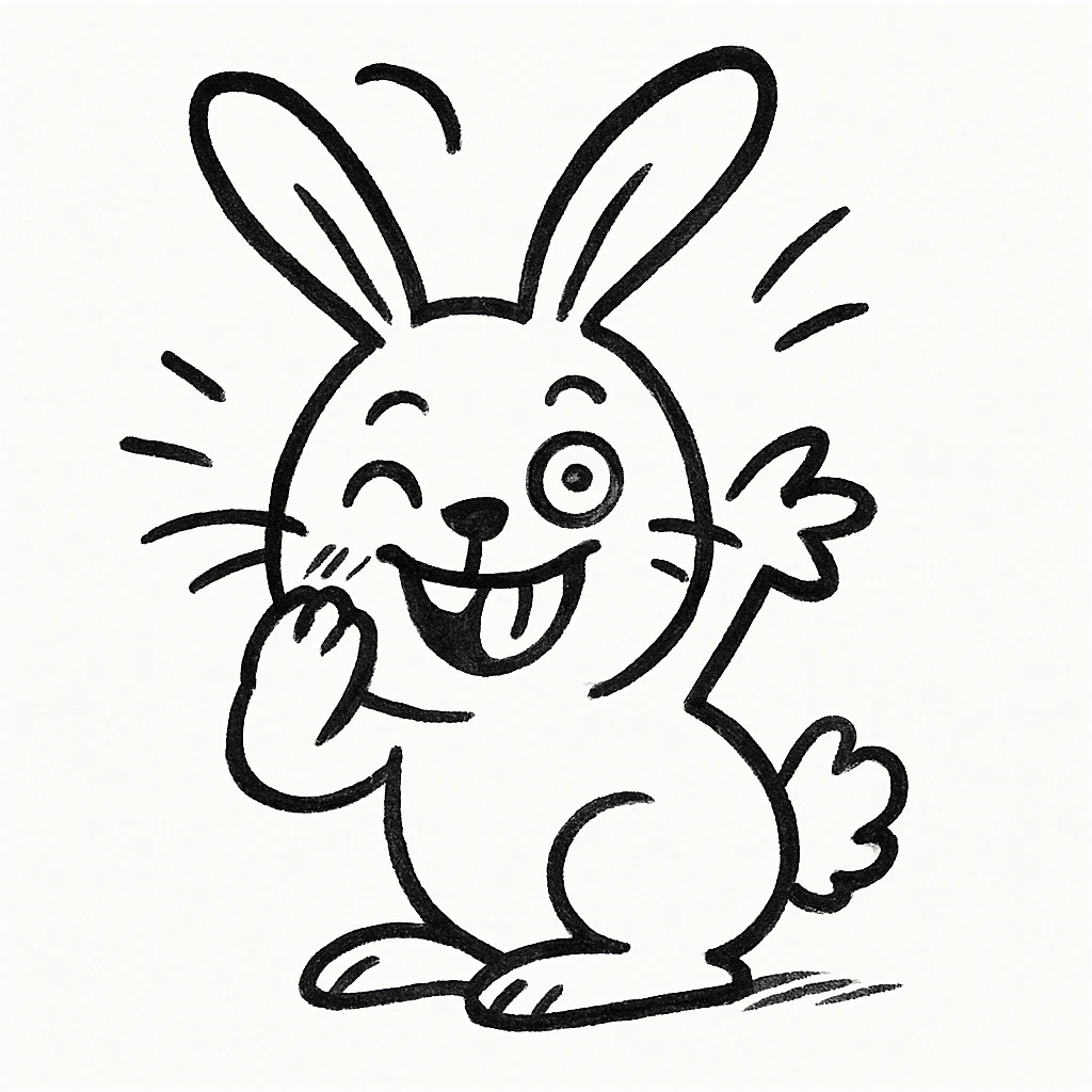 A cute and funny rabbit in black doodle style emoji
