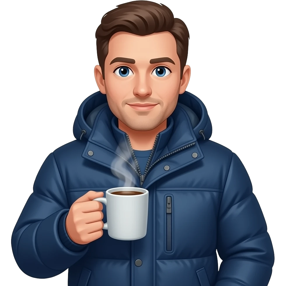 man with Winter Jacket and Hot Coffee emoji