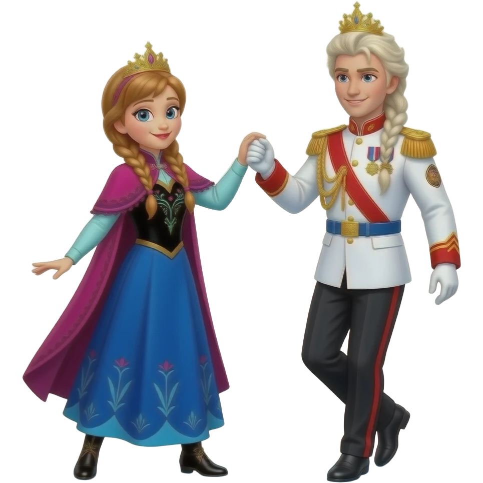 Elsa arendelle and Anna arendelle from disney frozen movie are same wearing gold tiara white military tunic arm badge shoulder cord medal red sash blue belt black trouser with both side red stripe white shoes and they both dancing in rain of kadhal kondein emoji