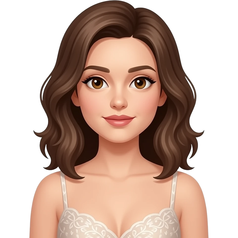 femme, cheveux mi-longs bruns ondulés, yeux marron, en belle robe emoji