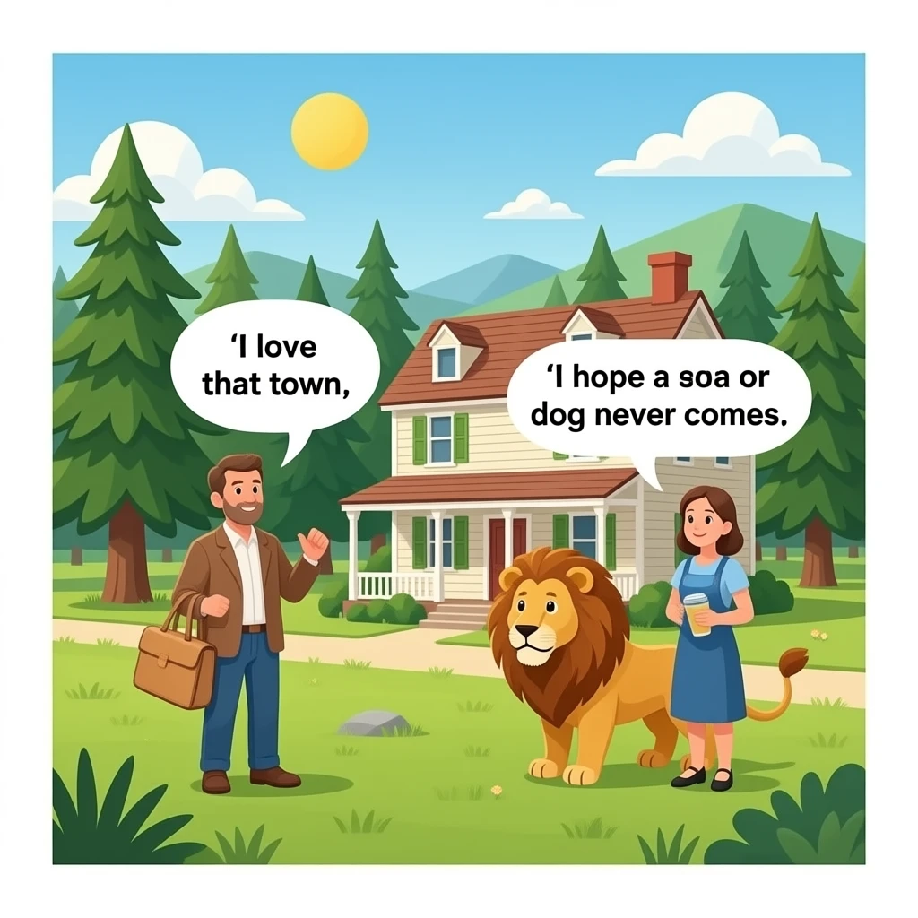 un publo con un bosque y casa de epoca 2026 con personas que sea realistas que una person diga en ingles:me encanta ese pueblo y otra persona que diga:espero que nunca llege un leon o un perrro emoji