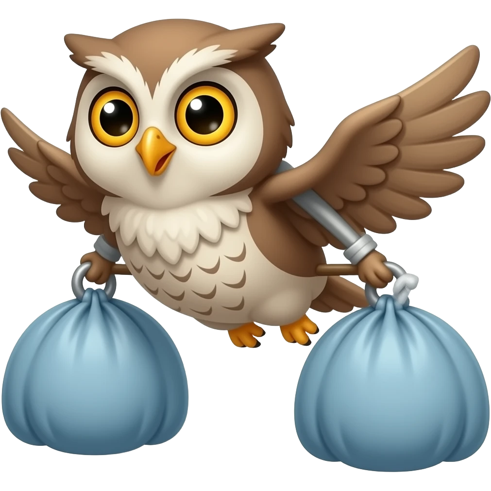 Cartoon owl flying with heavy weight emoji