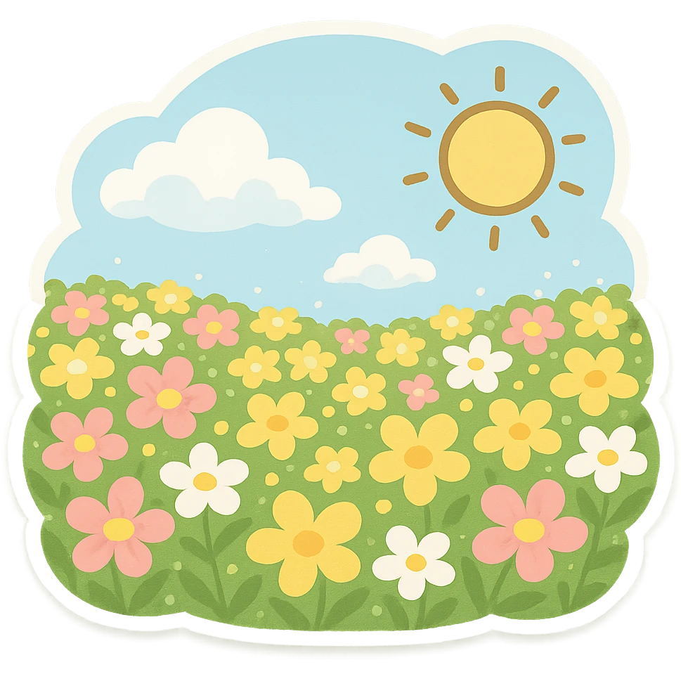 一片花海，蓝天，白云，太阳 emoji