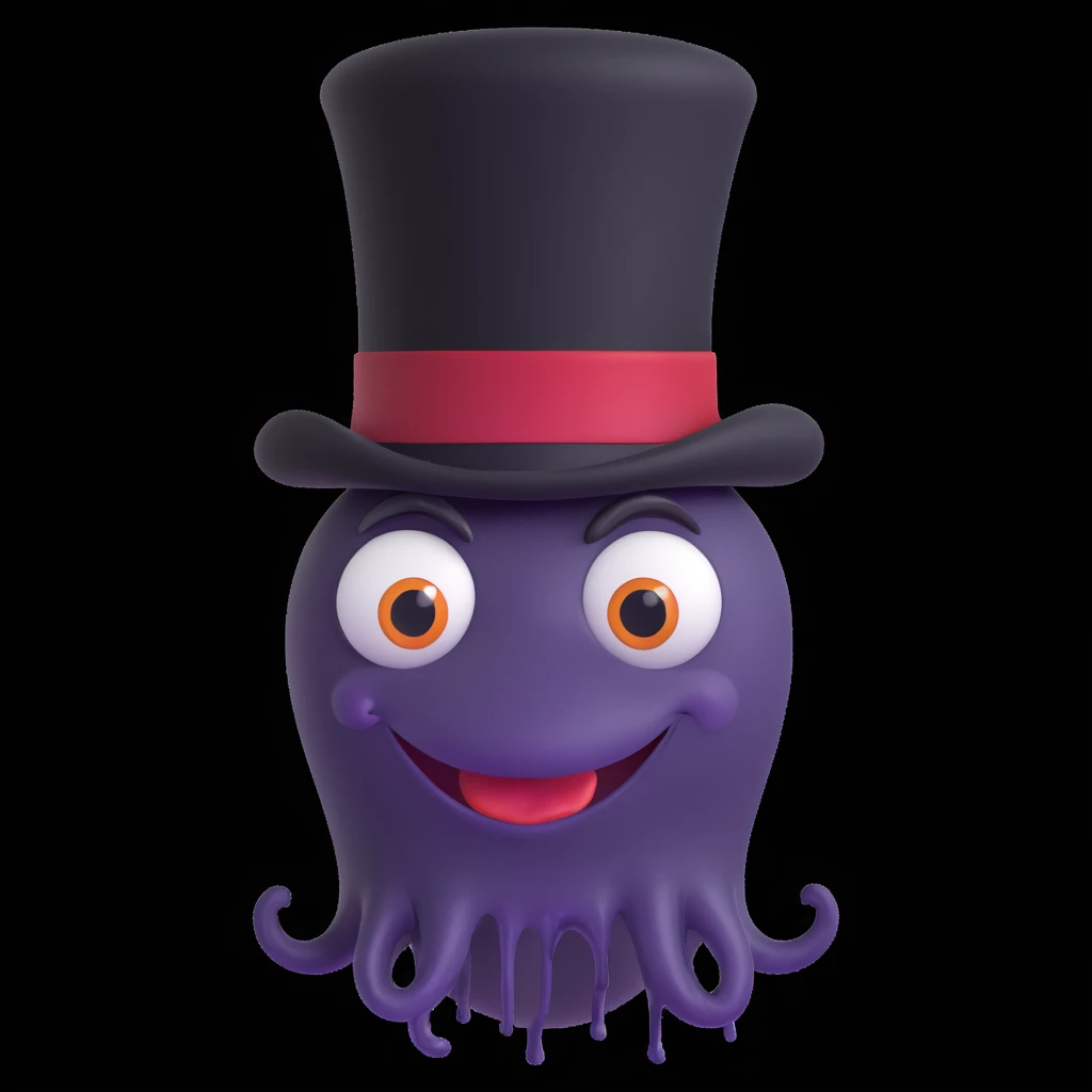 A whimsical, cartoonish 'goop' creature wearing a Victorian gentleman's black top hat, melting slightly over the brim, with expressive eyes peeking out. emoji