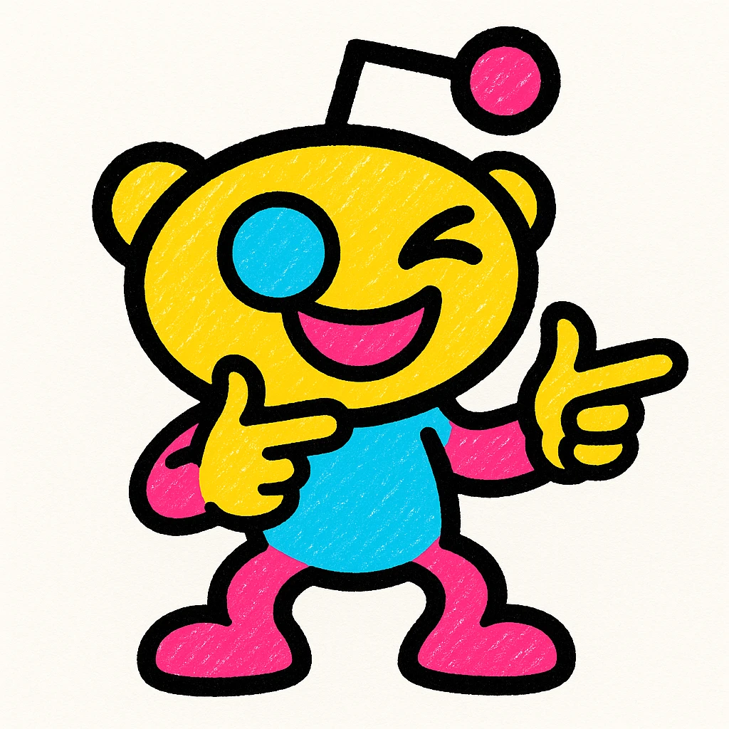 Snoo the Reddit mascot doing finger guns, vibrant colors, fun and dynamic, Reddit branding emoji