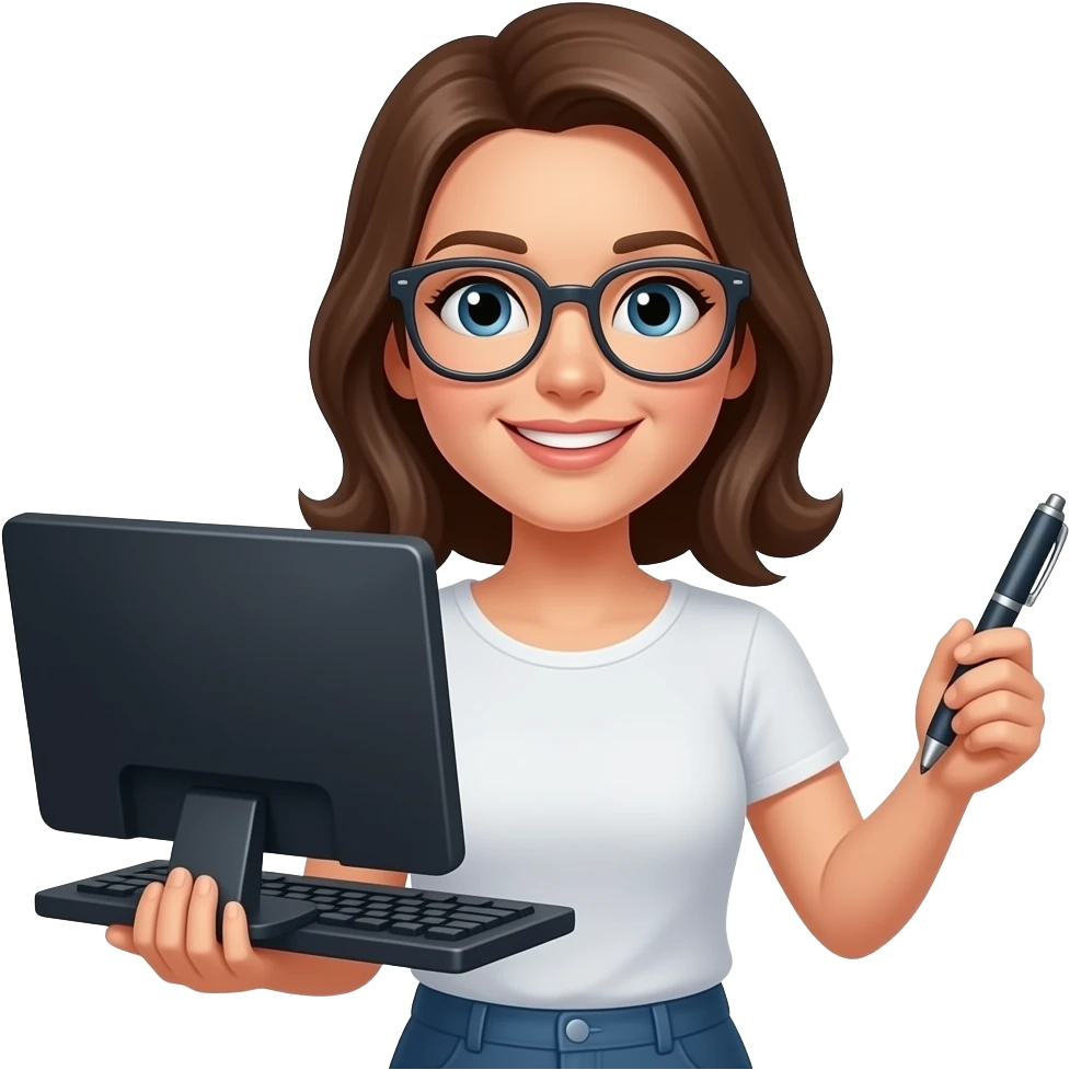 컴퓨터와 펜을 각각 양손에 든 안경쓴 여자 이모티콘 emoji