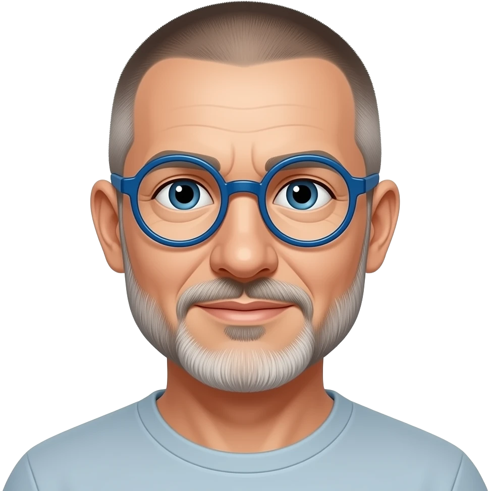 61 yo tall male, short buzz cut, trimmed salt and pepper beatd, wearing round frame blue glasses emoji