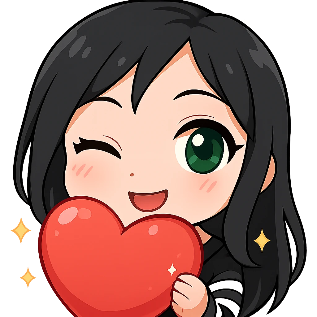 Twitch emote of a girl with black hair and green eyes, winking, in a shiny, detailed chibi style with large eyes, sparkles, soft shading, and a playful expression, matching the reference style. emoji