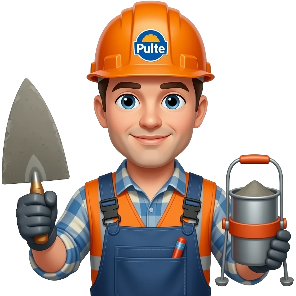 concrete mason with tools and Pulte on his hard hat emoji
