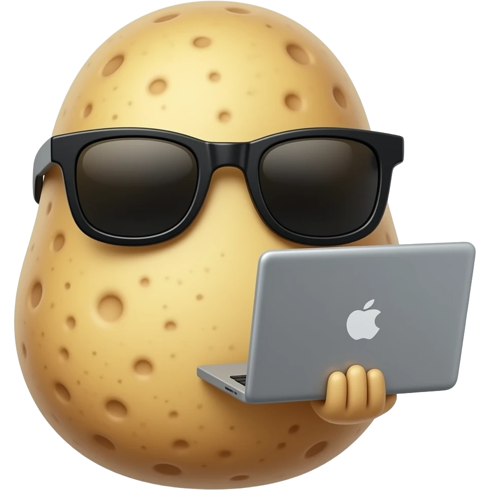 front shape of potato wearing sunglasses with laptop without face hand emoji