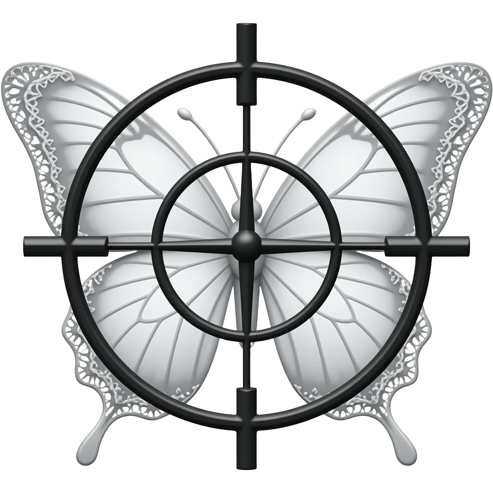 subtle elegant white butterfly, 3D emoji gothic butterfly, white velvet, white filigree, white lace trim, black sniper crosshair overlay emoji