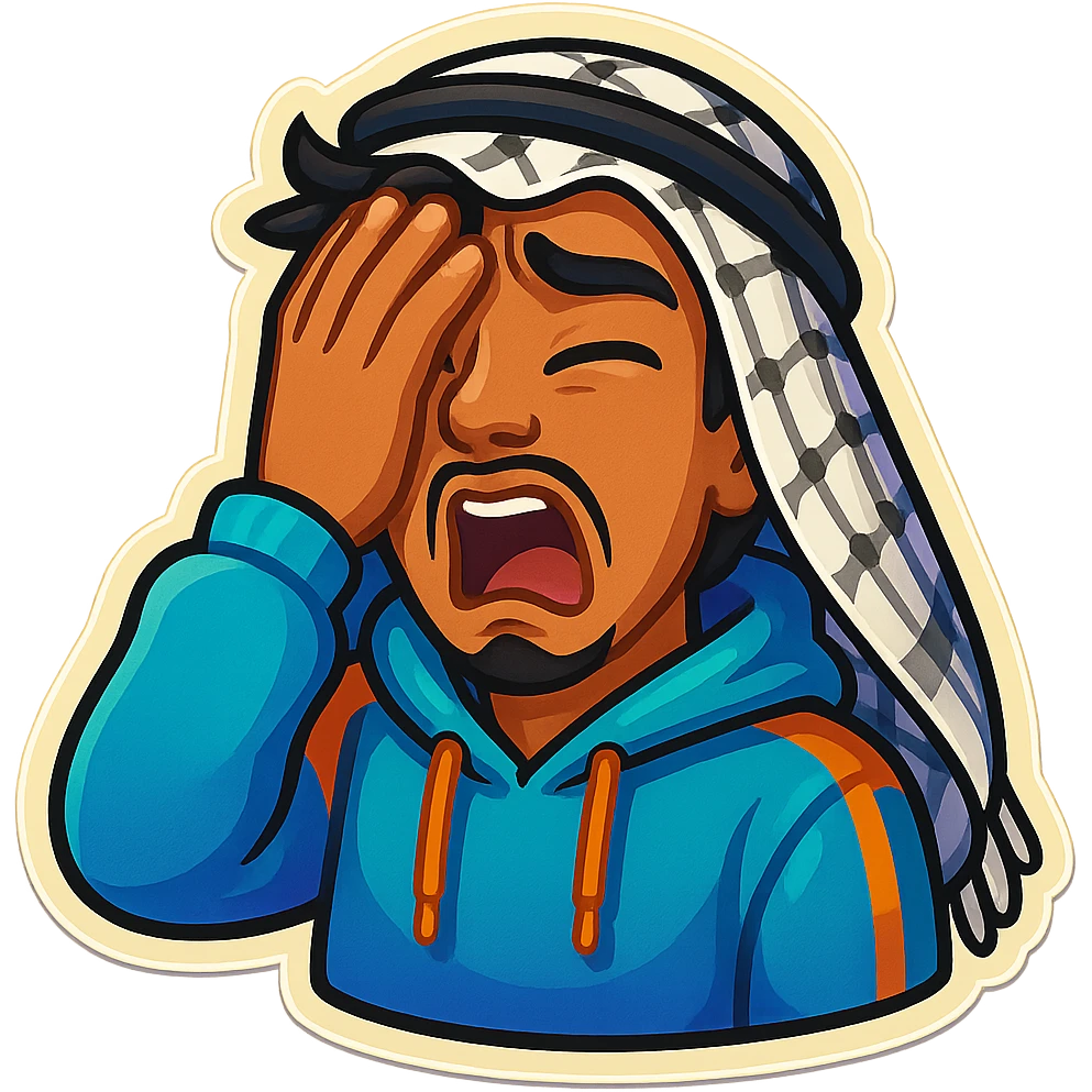 Ara, a young Arab man with medium brown skin, black hair, in casual Middle Eastern streetwear with keffiyeh scarf or hoodie, giving a dramatic facepalm like oh nooo, wild exaggerated facial expression, cartoonish, vibrant, bold, very expressive, emoji-style sticker emoji