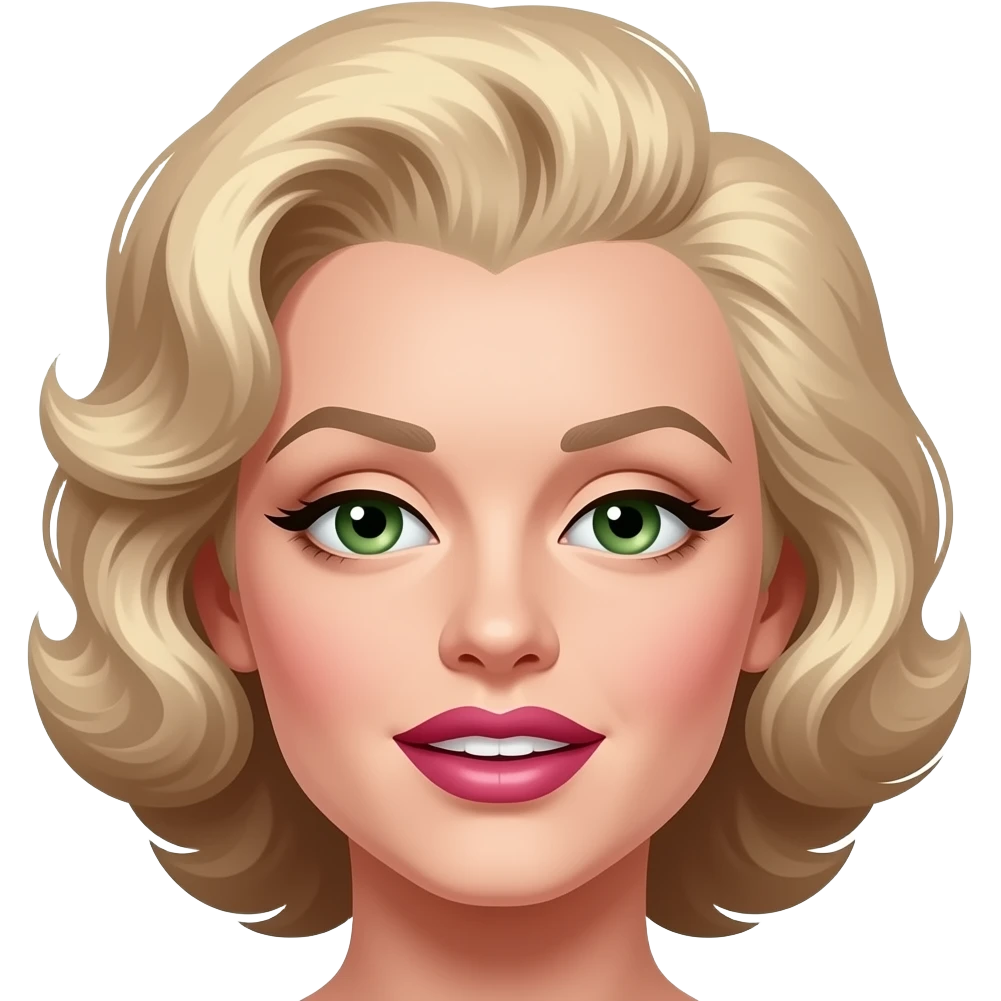 cabello marronde Marilyn monroe con ojos verdes parpados pintados de marron y boca pintada de rosa emoji