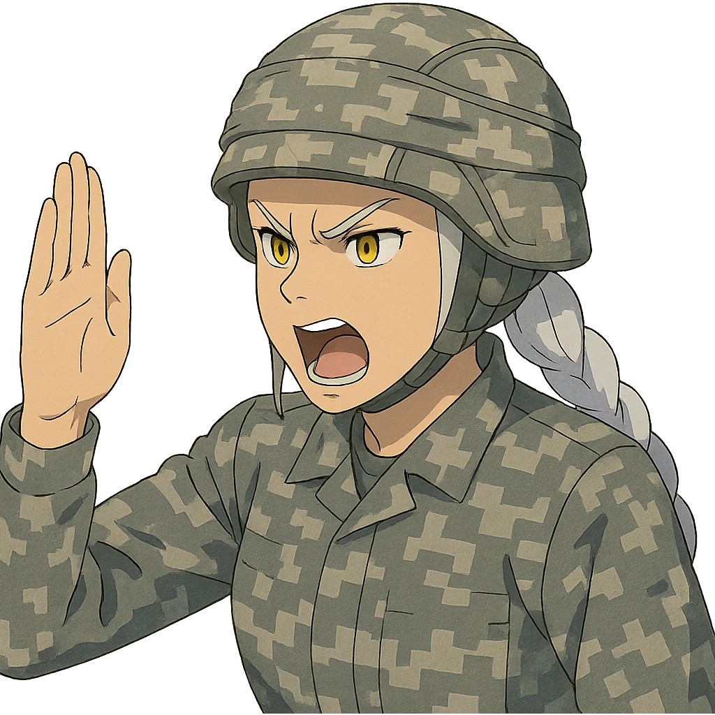 Style of Anime, 1 female, gold yellow eyes, white hair lavender tips, locks in front, mohawk, long white braid, she is a drill sergeant at work, focused facial expression, shouting command, eyes looking down in front of her, a blade hand  vertical palm gesture "to the forward" direction, uniform of gray large scale digital camo. her head is covered with a PAGS style wrapped ballistic helmet emoji