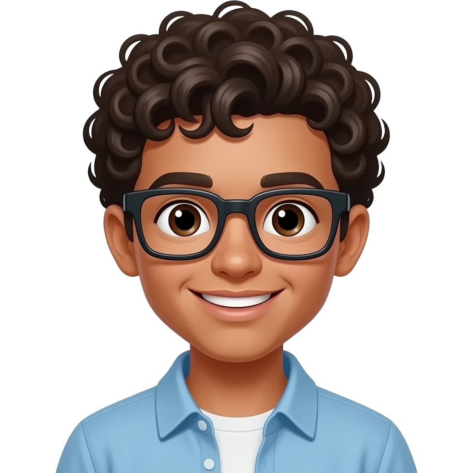 Garçon aux cheveux bouclés et lunettes carrée noires qui sourit emoji