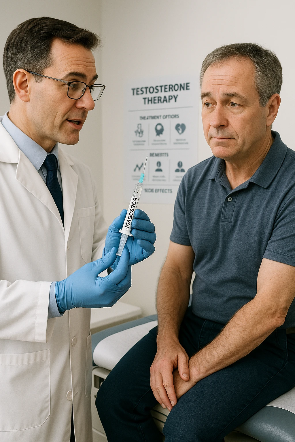 a doctor in a white coat prepares a syringe labeled “Testosterone” while a middle-aged man sits calmly on the examination table, sleeve rolled up and looking slightly apprehensive but trusting. The doctor explains the procedure, and a medical chart about testosterone therapy is visible in the background. The mood is professional and reassuring. emoji