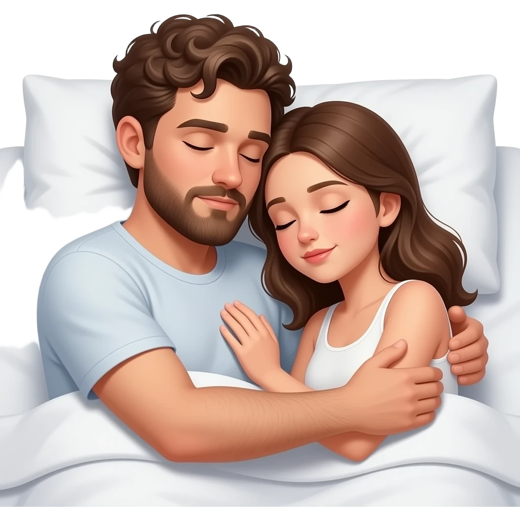 Realistic white man brown short curly hair with beard hugging while sleeping in bed with realistic white girl brown hair emoji