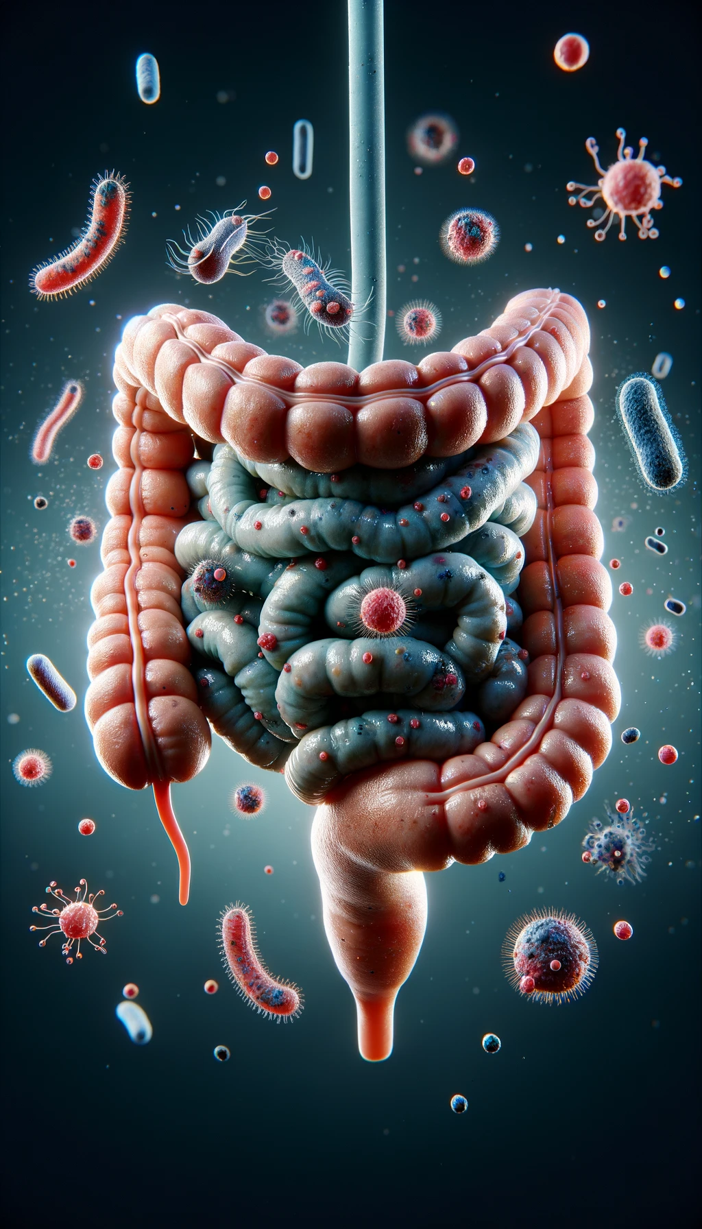 intestino umano realistico con batteri e parassiti che gli fluttuano intorno, iperrealistico 4k emoji