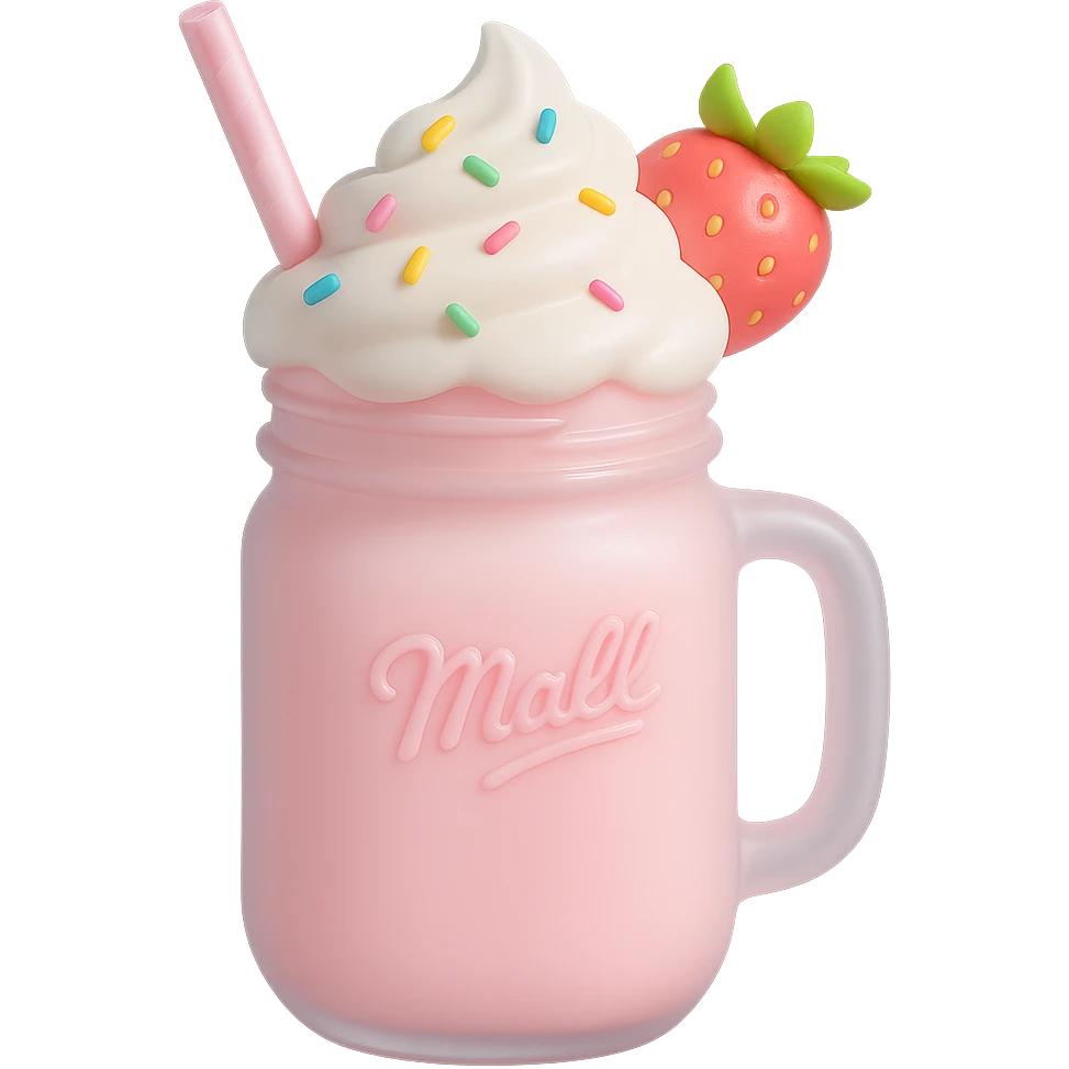 Make the 3D strawberry milkshake pastel colored with soft pinks and light tones. Keep the mason jar, whipped cream, rainbow sprinkles, and cherry on top. Remove the background. emoji