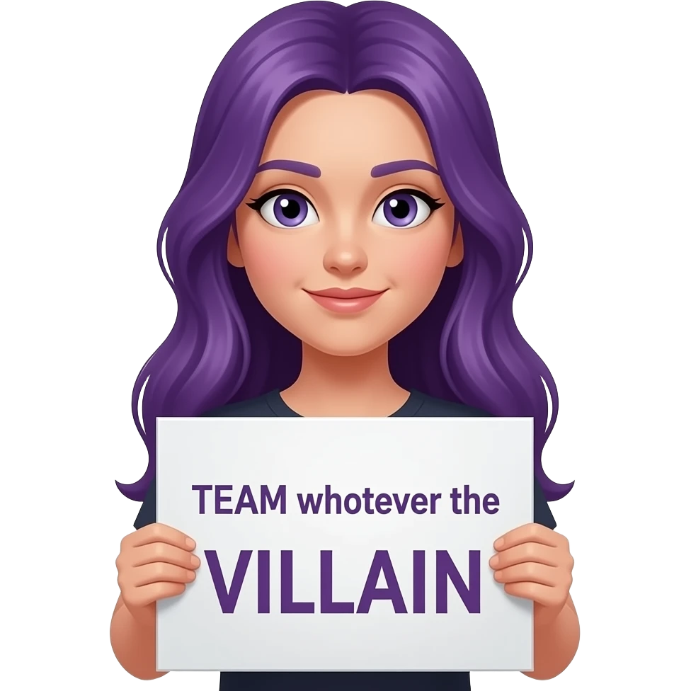 girl with long purple hair holding a TEAM whoever the VILLAIN is sign emoji