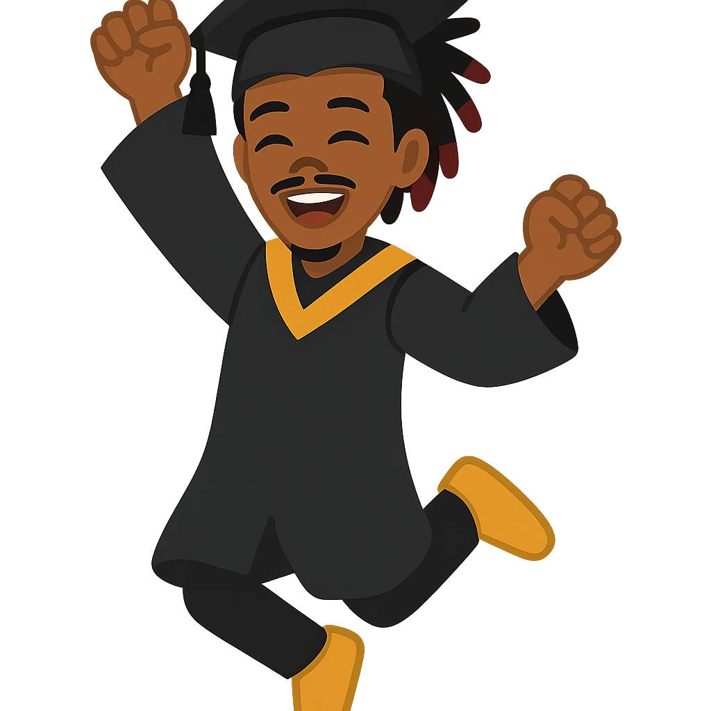 Create a male African American graduate emoji with the hairstyle and features from the reference photo, wearing a graduation cap and gown, jumping in the air with excitement. No background. emoji