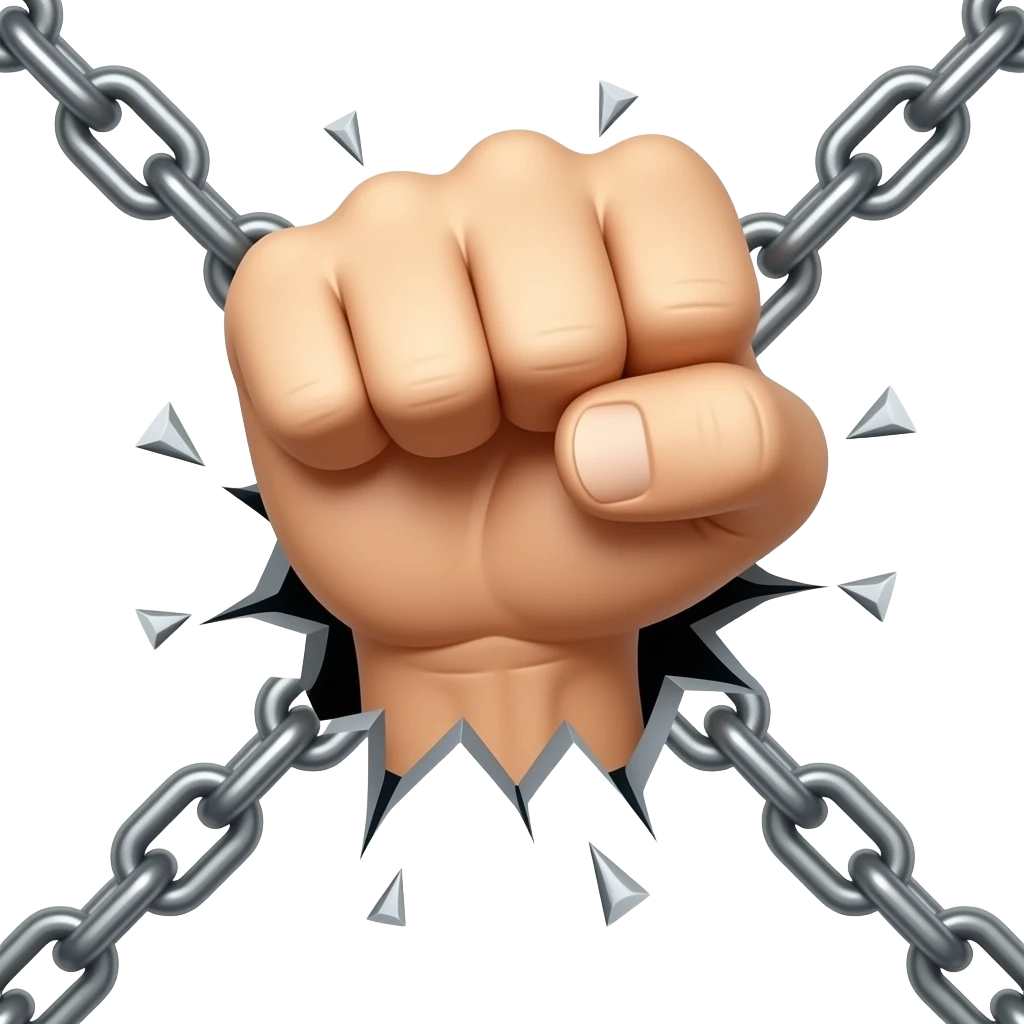 Vintage political poster graphic art style. Close-up of a powerful, clenching fist breaking thick iron chains. High contrast, dramatic lighting, bold lines, limited color palette of deep red, black, and white. Minimalist composition for maximum instant impact. emoji
