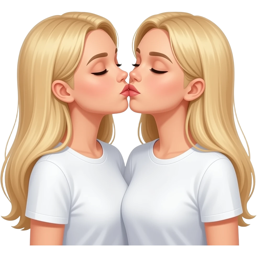 bella ragazza russa bionda capelli lisci lunghi e occhi chiari, con maglietta bianca e bacia con passione con occhi chiusi emoji