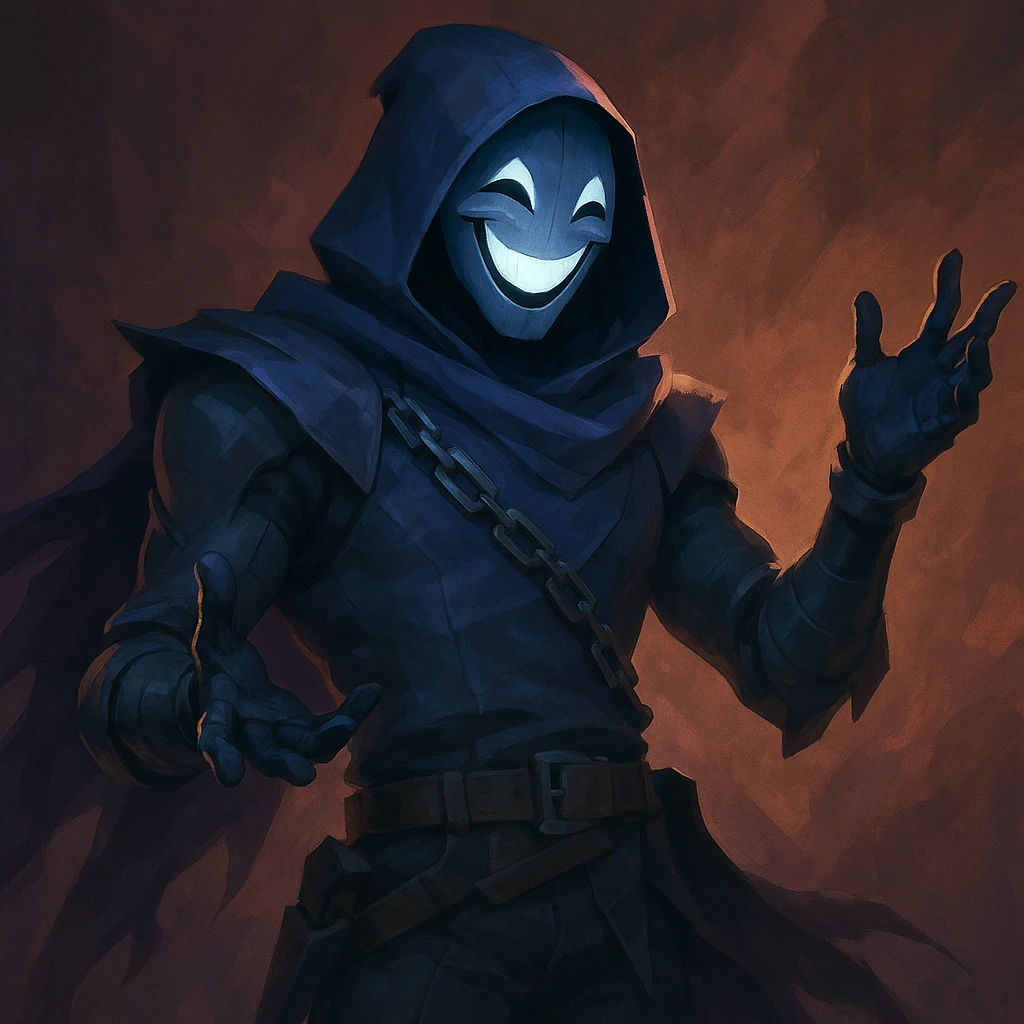 Valorant Omen character, happy expression, smiling mask, playful body language, game-accurate style, detailed, dramatic lighting emoji